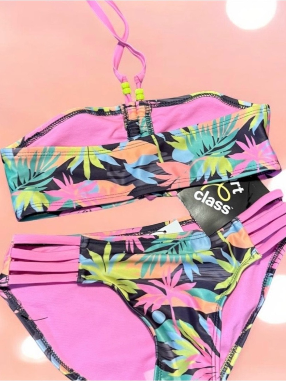 Buy 1 get 1 free art class Pink, Blue & Mint Tropical Leaf Two-Piece Bikini - Picture 7 of 7